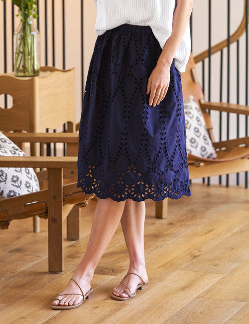 GRACE SKIRT Navy, Eyelet Cotton, front view