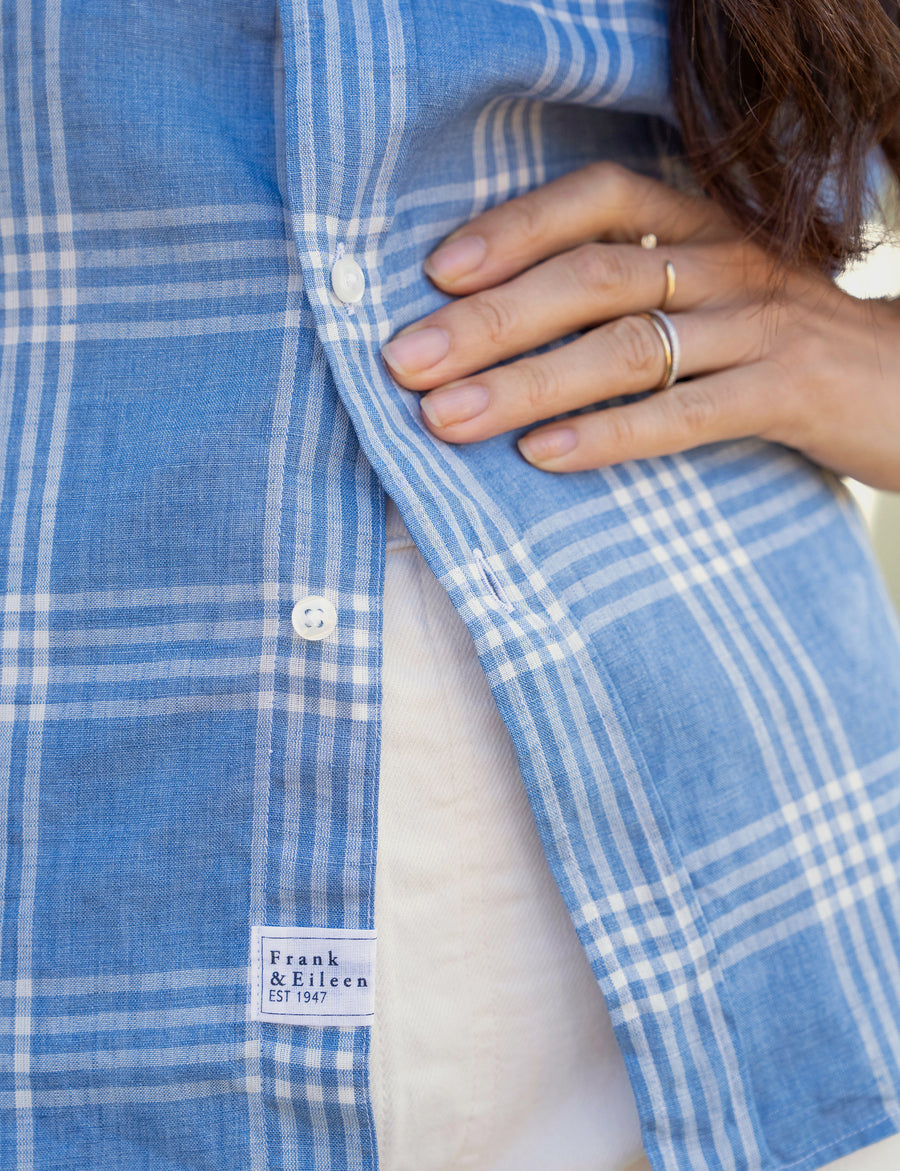 Detail of button placket on person wearing Blue Plaid Frank & Eileen Eileen Relaxed Button-Up Shirt in Classic Linen