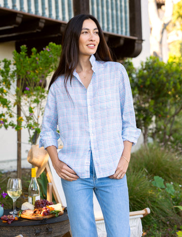Front of person wearing Blue Check Frank & Eileen Eileen Relaxed Button-Up Shirt in Classic Linen