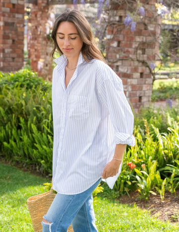 Front of person wearing Blue Stripe Frank & Eileen Shirley Oversized Button-Up Shirt in Superfine
