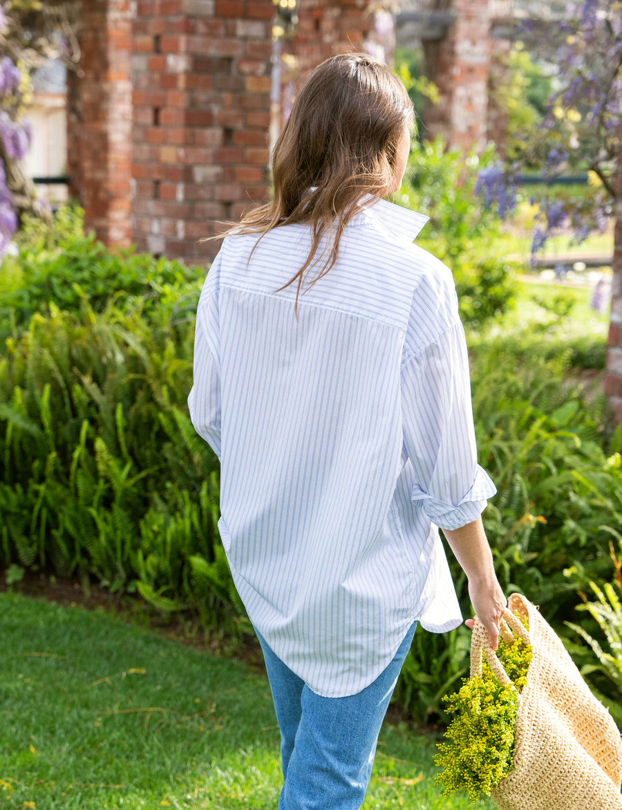 Back of person wearing Blue Stripe Frank & Eileen Shirley Oversized Button-Up Shirt in Superfine