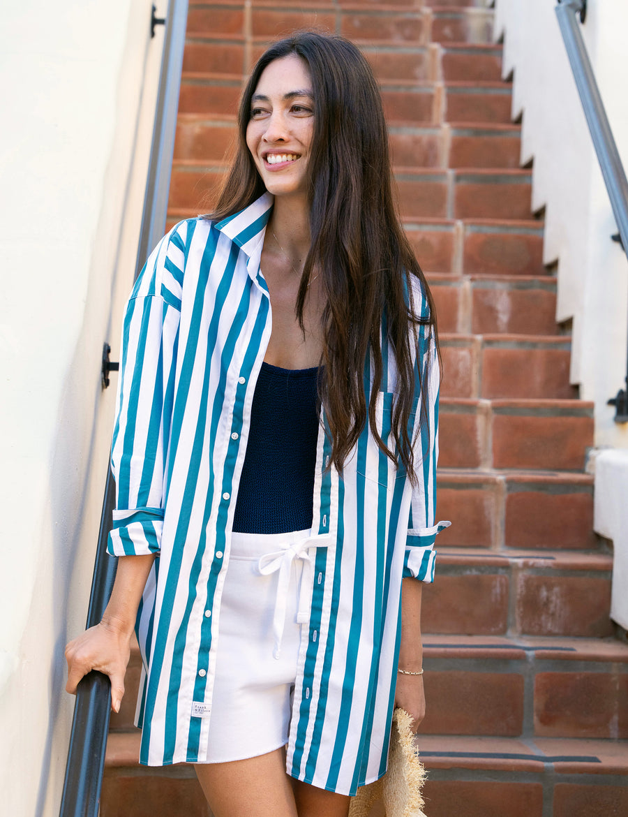 Front of person wearing Blue Stripe Frank & Eileen Mackenzie One-Size Button-Up Shirt in Superluxe
