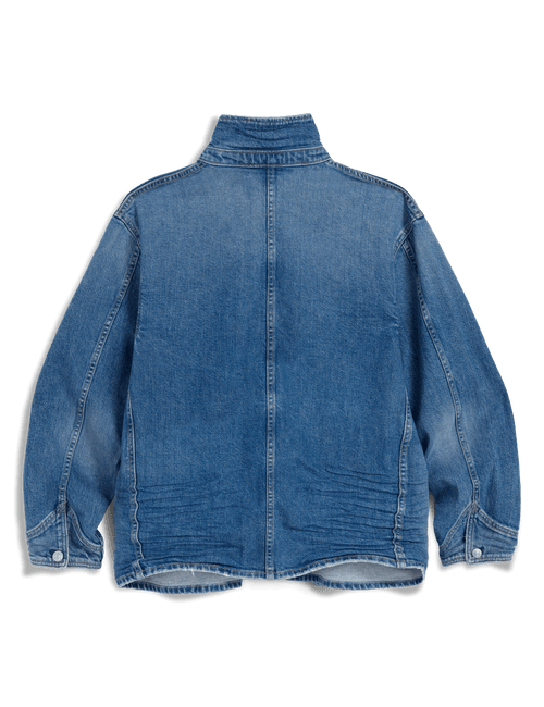 A blue denim jacket with a high collar, shown from the back against a solid black background., view 8