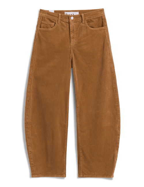 A pair of brown corduroy pants laid flat against a white background, featuring a button fly, belt loops, and classic five-pocket design., view 8