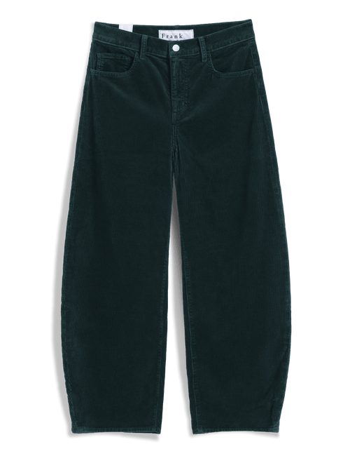 Dark green corduroy pants with a button fly and belt loops, laid flat on a white background. , view 4