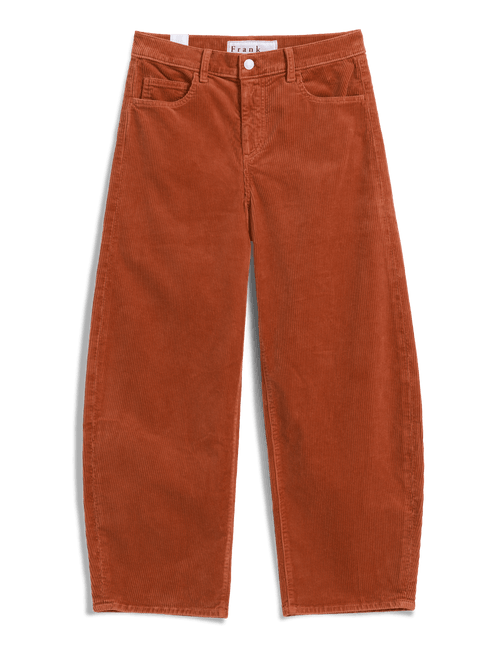 A pair of barrel-fit corduroy pants in a rust-orange color, laid flat against a white background., view 4