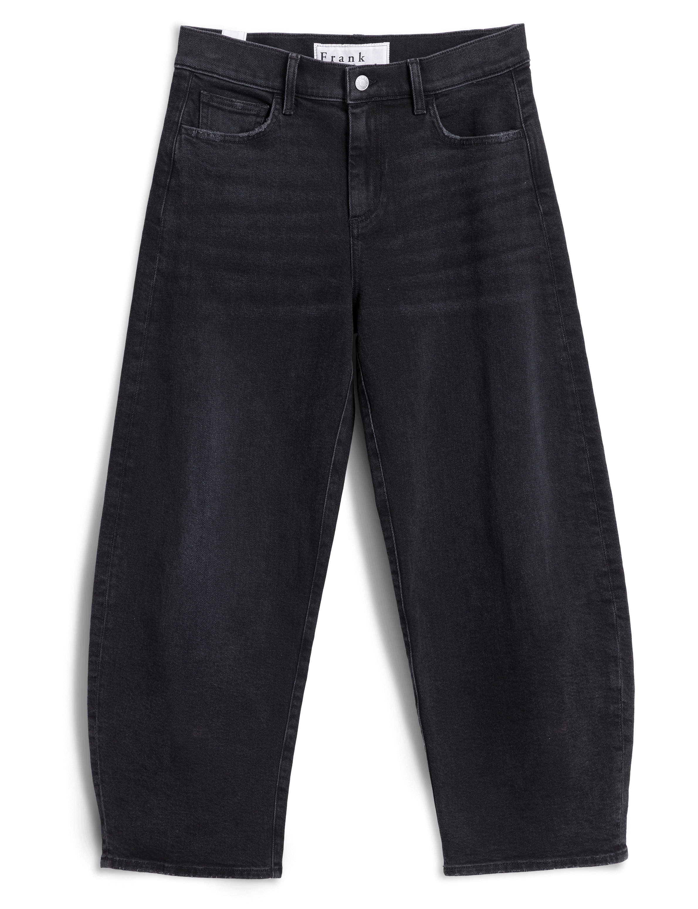 Black barrel-leg jeans on a black background