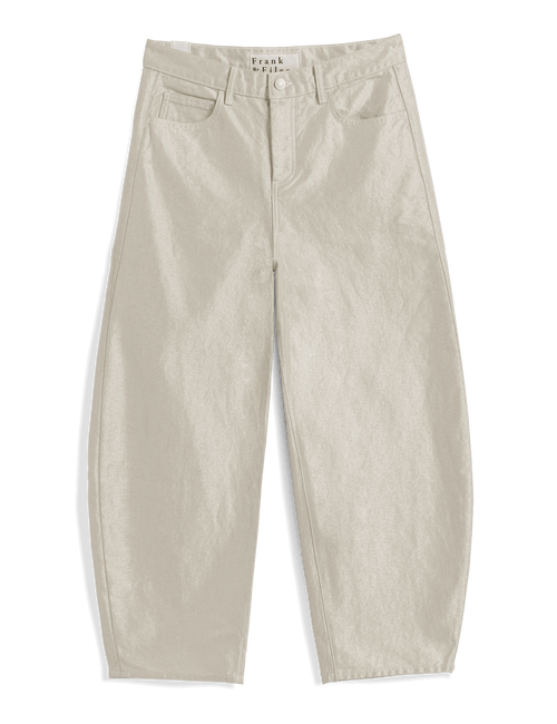 A pair of light beige cropped pants with a textured, crinkled fabric finish, featuring a button closure, belt loops, and front pockets, shown flat on a white background., view 6