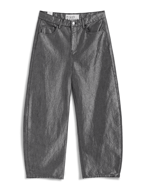 A pair of dark gray metallic denim jeans with a crinkled, reflective texture, laid flat against a white background., view 6