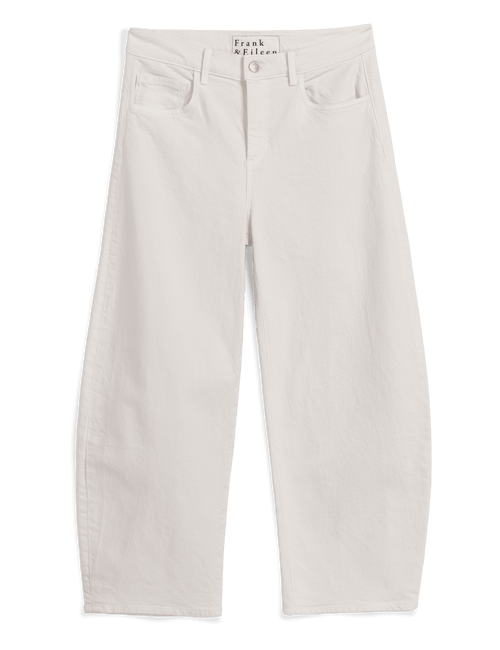 White cropped pants by Frank & Eileen, featuring a barrel-leg silhouette, belt loops, and front pockets, shown flat against a solid green background., view 6