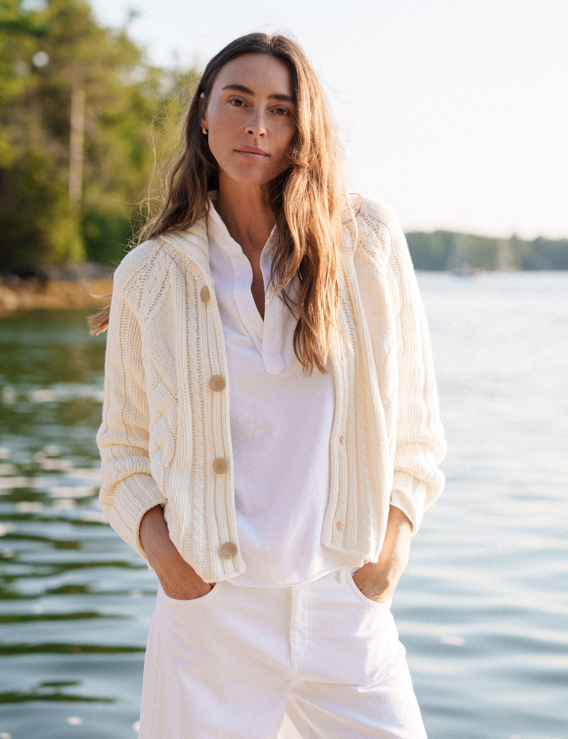 Mini Cotswolds, Cropped Cable Knit Cardigan, White | Frank & Eileen