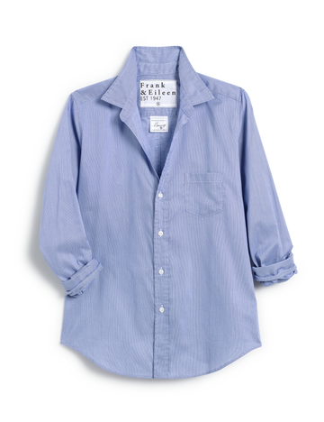 Flat front of Blue Stripe Frank & Eileen Barry Tailored Button-Up Shirt in Classic Poplin