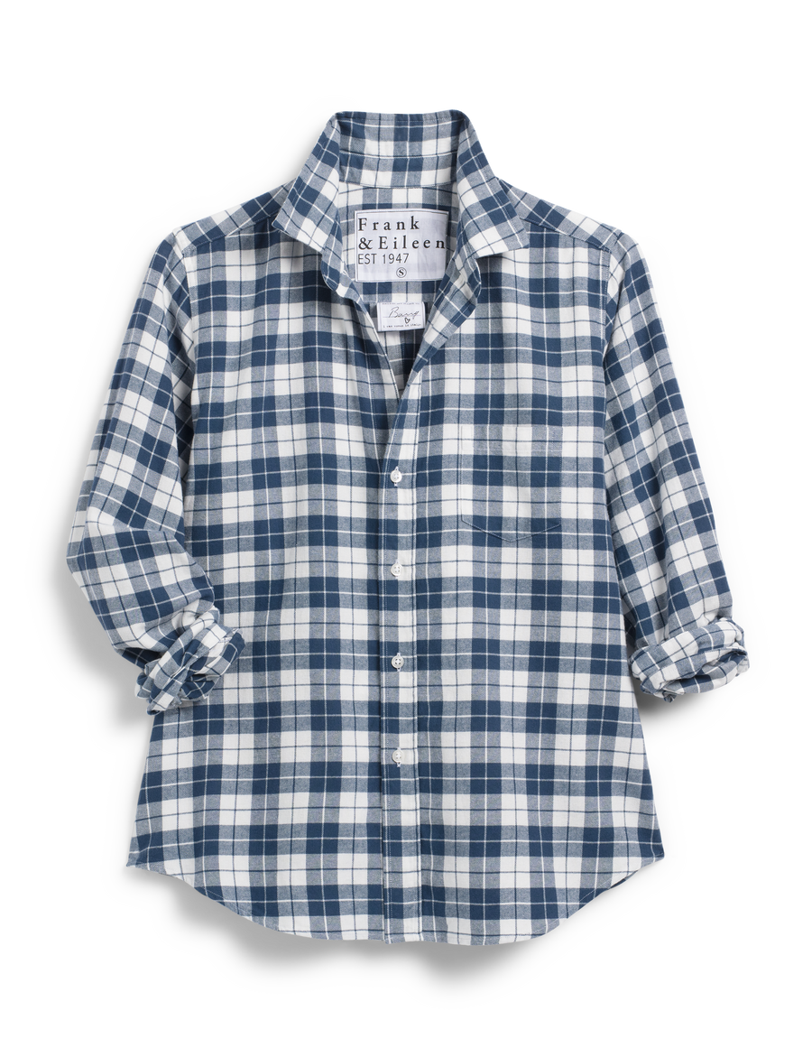 Flat front of Blue and White Plaid Frank & Eileen Barry Tailored Button-Up Shirt in Flannel