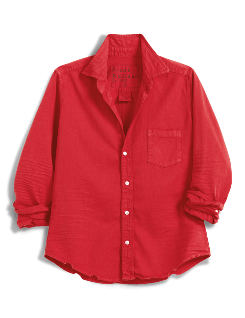 Red button-up shirt on a transparent background, front view