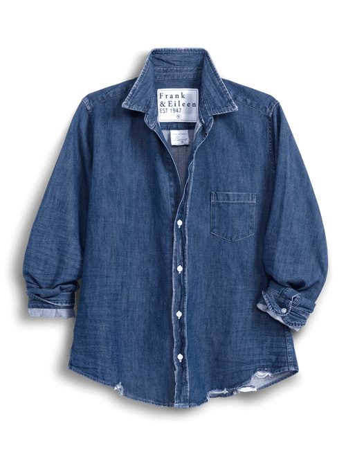 Blue denim shirt with brand label on a transparent background, view 4