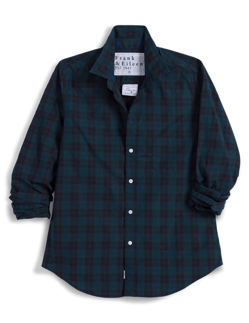 A long-sleeve button-up shirt by Frank & Eileen, featuring a dark green and black plaid pattern, shown flat against a white background., view 4