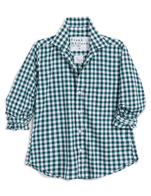 A green and white gingham long-sleeve button-up shirt by Frank & Eileen, laid flat on a white background., view 4