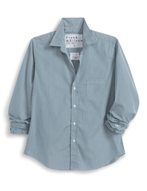 A green and white vertically striped long-sleeve button-down shirt by Frank & Eileen, featuring a chest pocket and rolled-up sleeves, shown on a white background with a soft drop shadow., front view