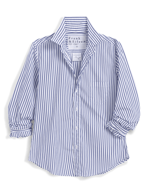 Blue and white striped shirt with 'Frank & Eileen' label on a black background, front view
