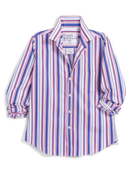 Striped shirt with brand label on a black background, front view