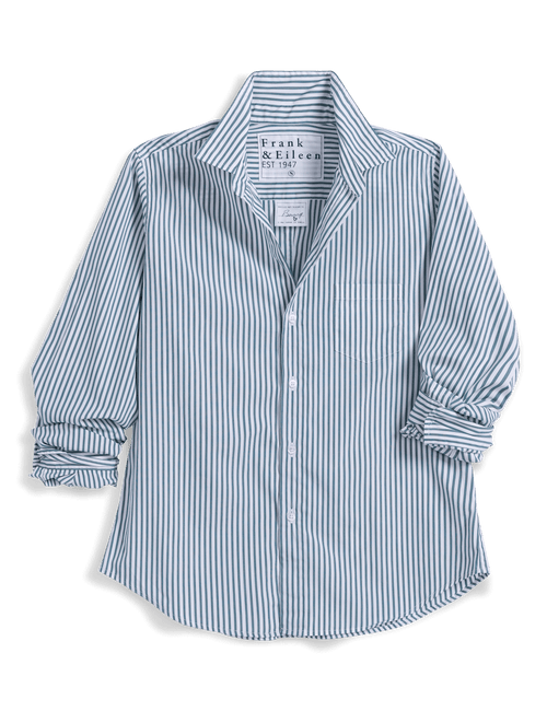 A long-sleeve button-up shirt by Frank & Eileen, featuring a vertical green and white stripe pattern, shown on a clean white background., view 4