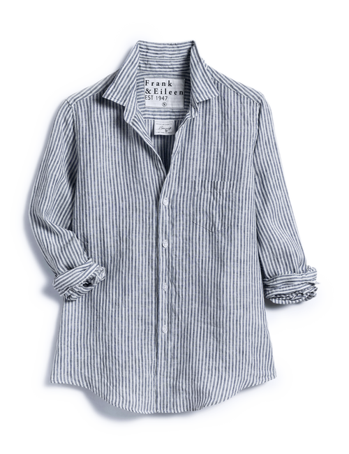 Flat front of Navy Stripe Frank & Eileen Barry Tailored Button-Up Shirt in Italian Vintage Cotton, view 4