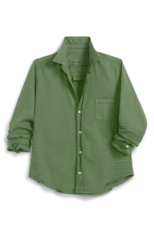 Green shirt with rolled-up sleeves on a white background, front view