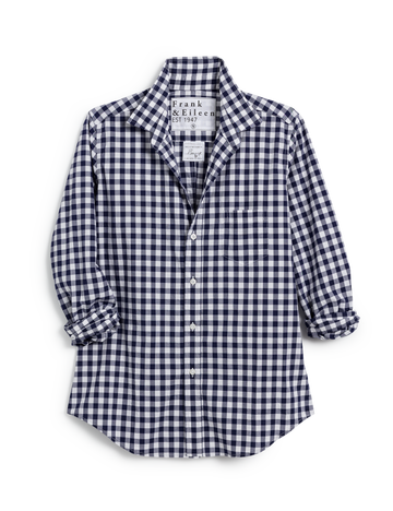Flat front of Navy Check Frank & Eileen Barry Tailored Button-Up Shirt in Classic Poplin