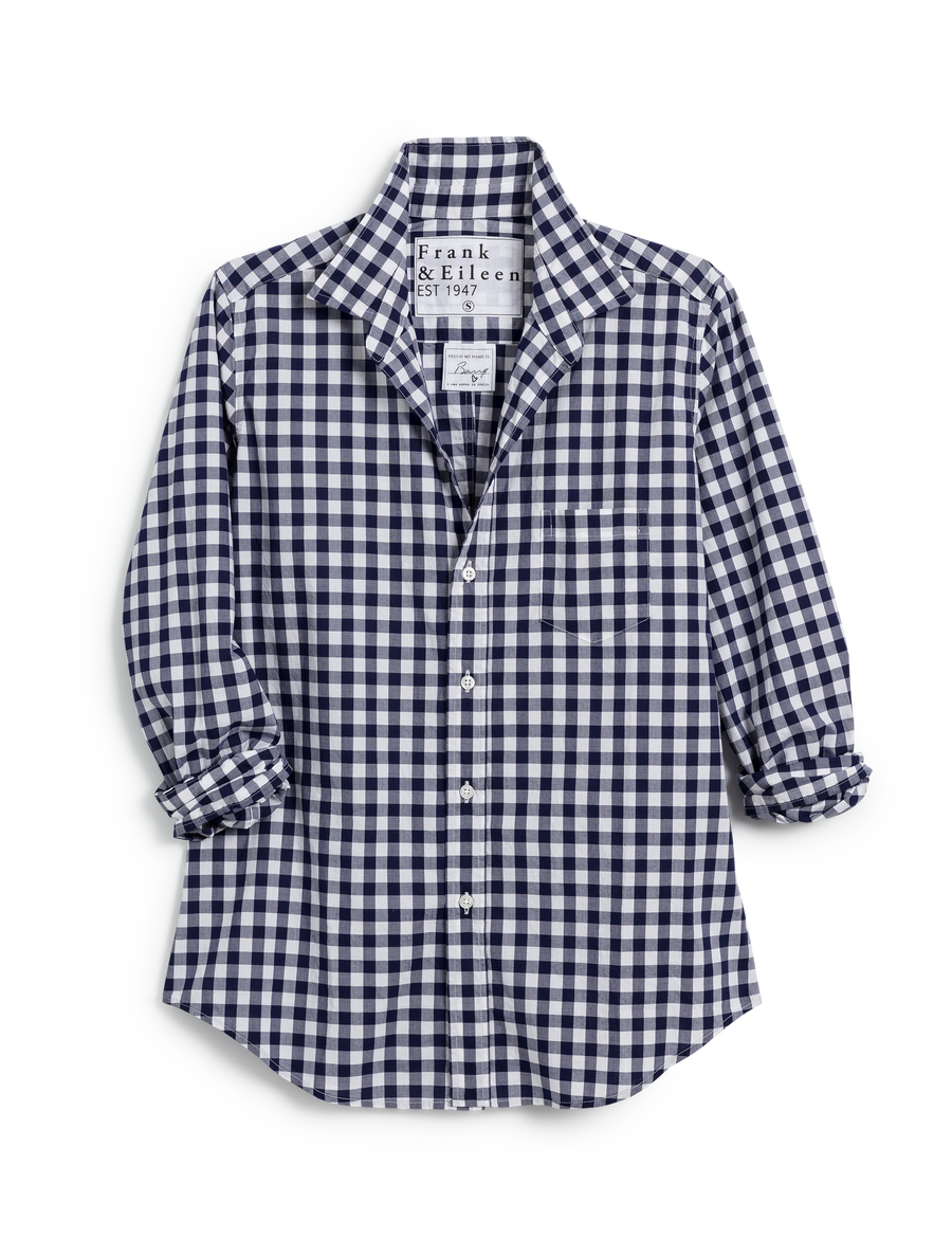 Flat front of Navy Check Frank & Eileen Barry Tailored Button-Up Shirt in Classic Poplin