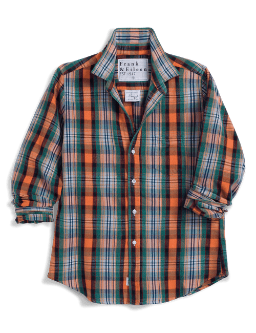 A long-sleeve button-up plaid shirt by Frank & Eileen, featuring a vibrant orange, green, and blue tartan pattern, shown flat on a white background., view 4