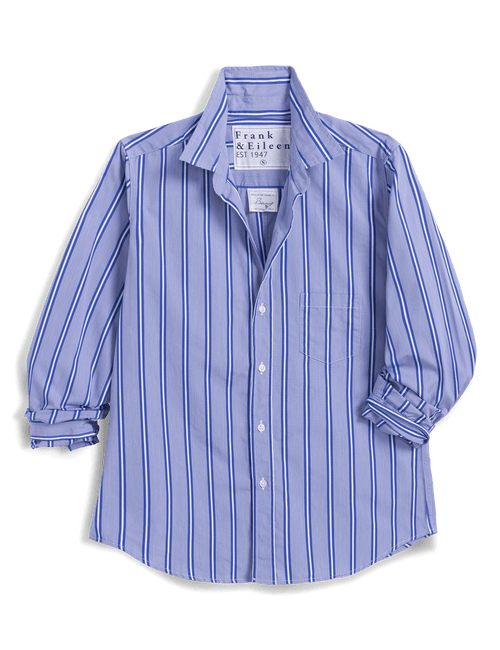 Blue striped shirt with a brand label on a black background, front view