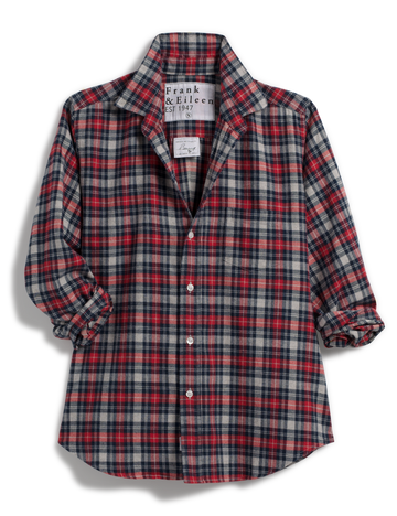 Flat front of Red Plaid Frank and Eileen Barry Tailored Button-Up Shirt in Flannel