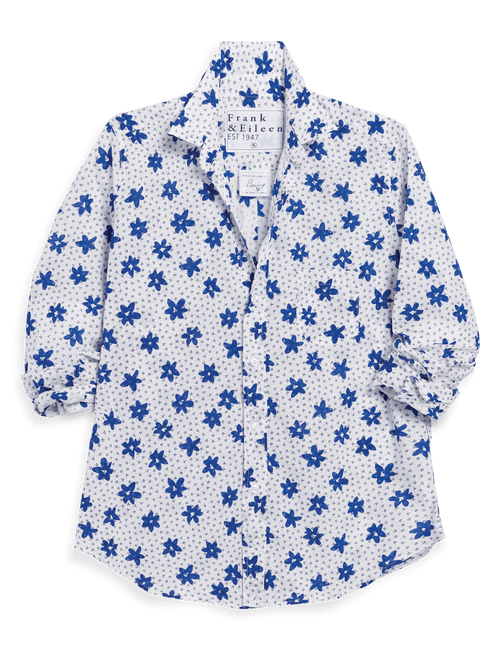 White shirt with blue floral pattern on a transparent background, front view