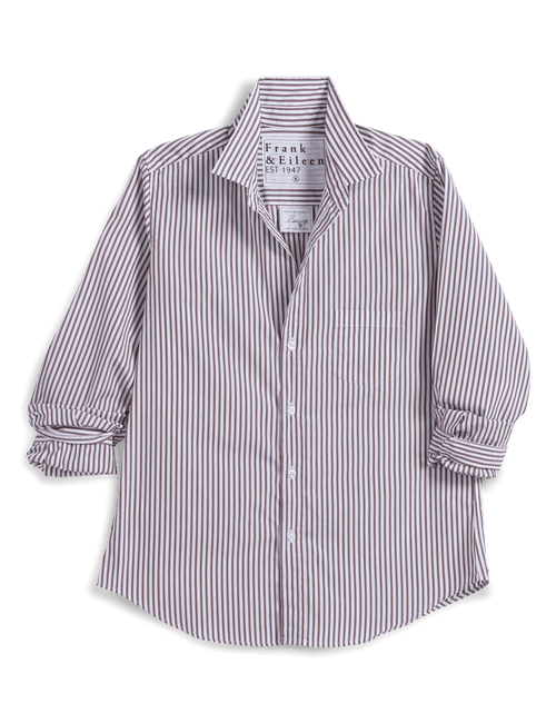 A long-sleeve button-up shirt by Frank & Eileen, featuring vertical stripes in a muted purple and white colorway, laid flat against a white background., view 4