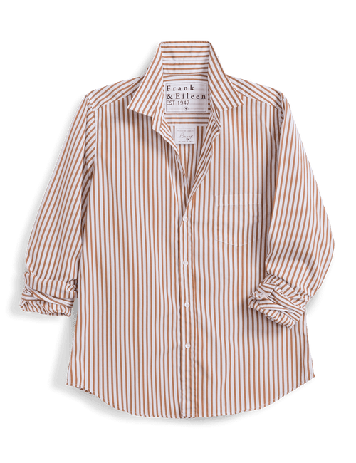 A long-sleeve button-up shirt by Frank & Eileen, featuring vertical stripes in a warm rust-orange and cream colorway. The shirt has a pointed collar, a chest pocket, and rolled-up sleeves, presented on a clean white background., front view