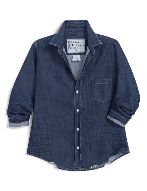 A dark blue denim long-sleeve button-up shirt by Frank & Eileen, featuring a chest pocket and rolled cuffs, displayed flat against a white background., view 4