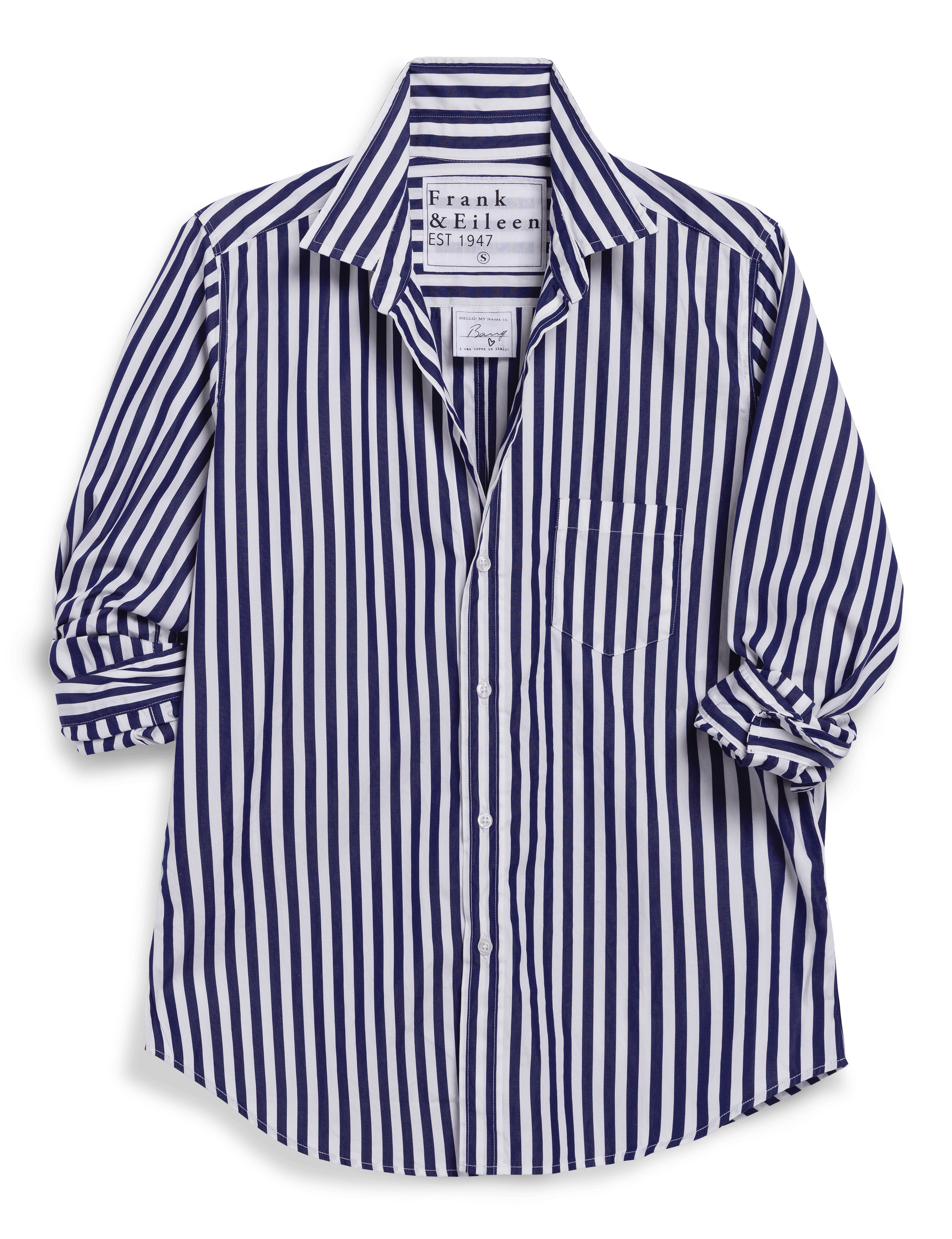 Navy and white striped shirt with a brand label on a transparent background, view 4