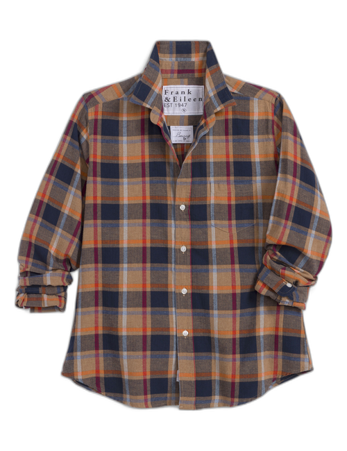 A long-sleeve plaid button-up shirt by Frank & Eileen, featuring a warm orange, navy blue, and beige tartan pattern with white buttons, displayed on a clean white background., front view