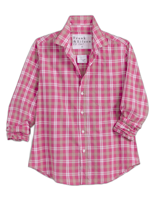 A pink and white plaid button-down shirt by Frank & Eileen, featuring a classic collar, long sleeves with rolled cuffs, and a curved hem, displayed flat against a white background., front view