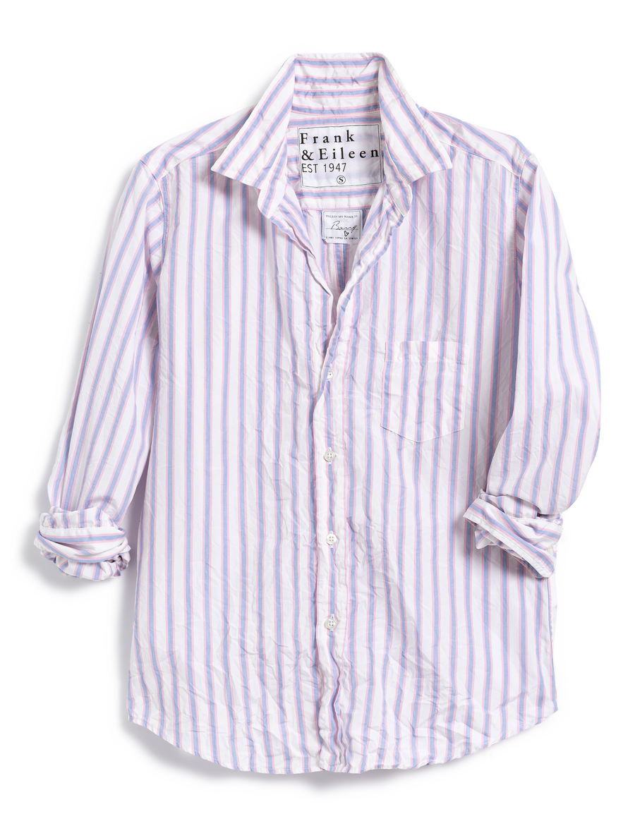 Flat front of Pink and Blue Stripe Frank & Eileen Barry Tailored Button-Up Shirt in Classic Poplin
