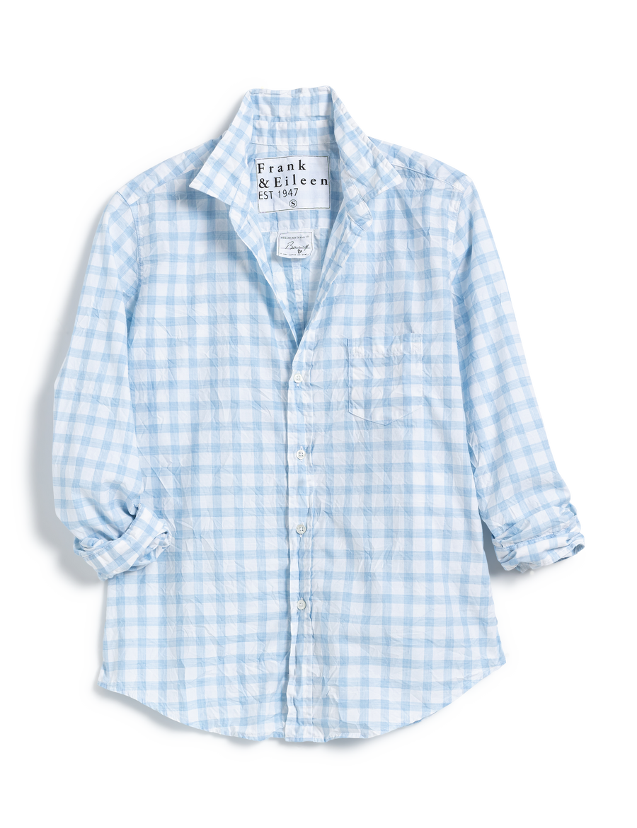Flat front of Blue Check Frank & Eileen Barry Tailored Button-Up Shirt in Superfine