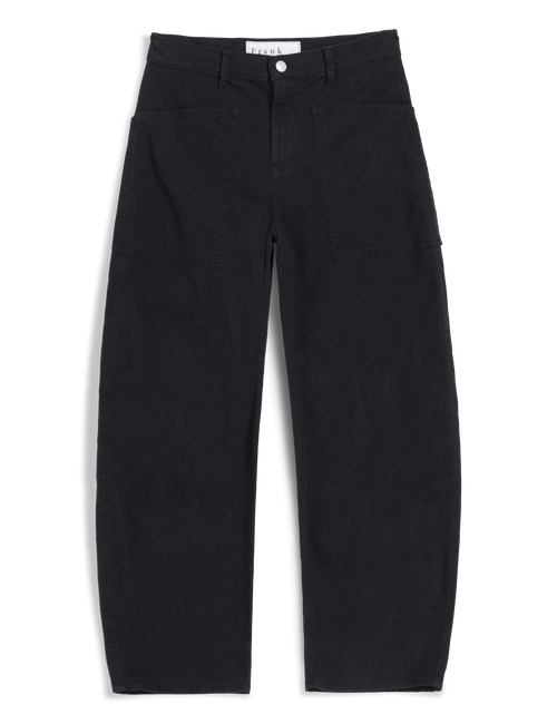 Black barrel-leg cropped pants with a button closure, belt loops, and large front patch pockets, shown flat against a white background., view 4