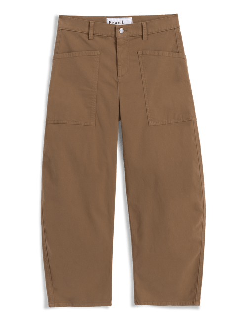 A pair of brown barrel-leg pants with front utility pockets, shown flat against a solid black background., view 4