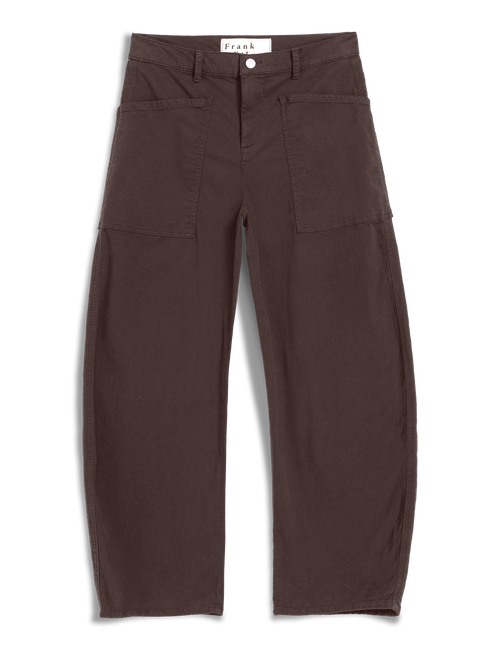 Dark brown barrel-leg pants with a button closure, belt loops, and large front and side cargo pockets, shown flat on a white background., view 6