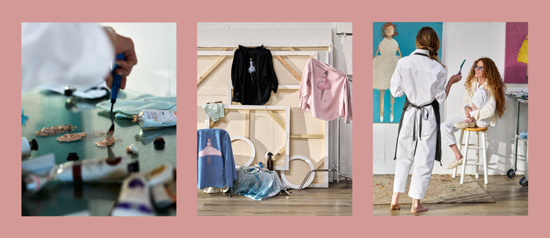 Collage of fashion-related images including a person working on a garment, a display of clothing, and a woman in a white outfit.