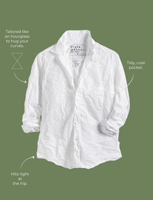 Lay flat image of the Barry button-up shirt. Arrows are pointing to different areas of the shirt and text highlights features including tailored like an hourglass to hug your curves, tidy, cute pocket, hits right at the hip., view 4