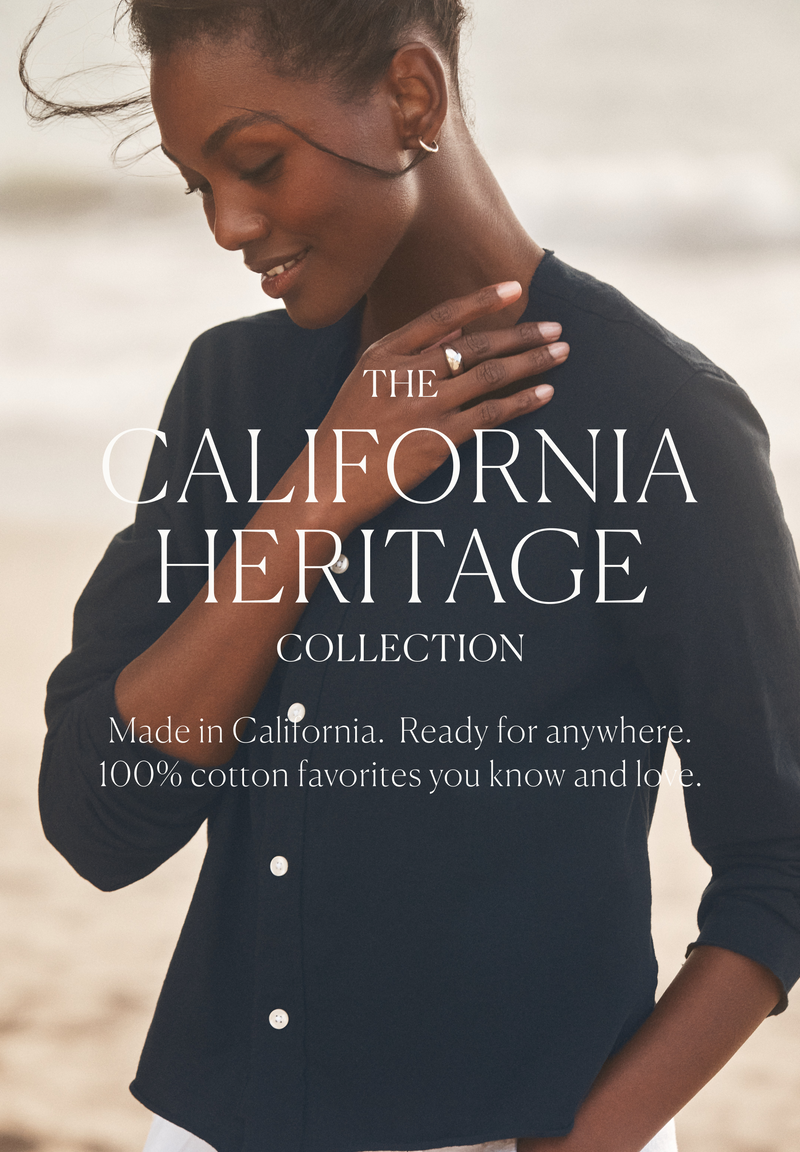 Woman wearing a black jacket with 'The California Heritage Collection' text overlay.