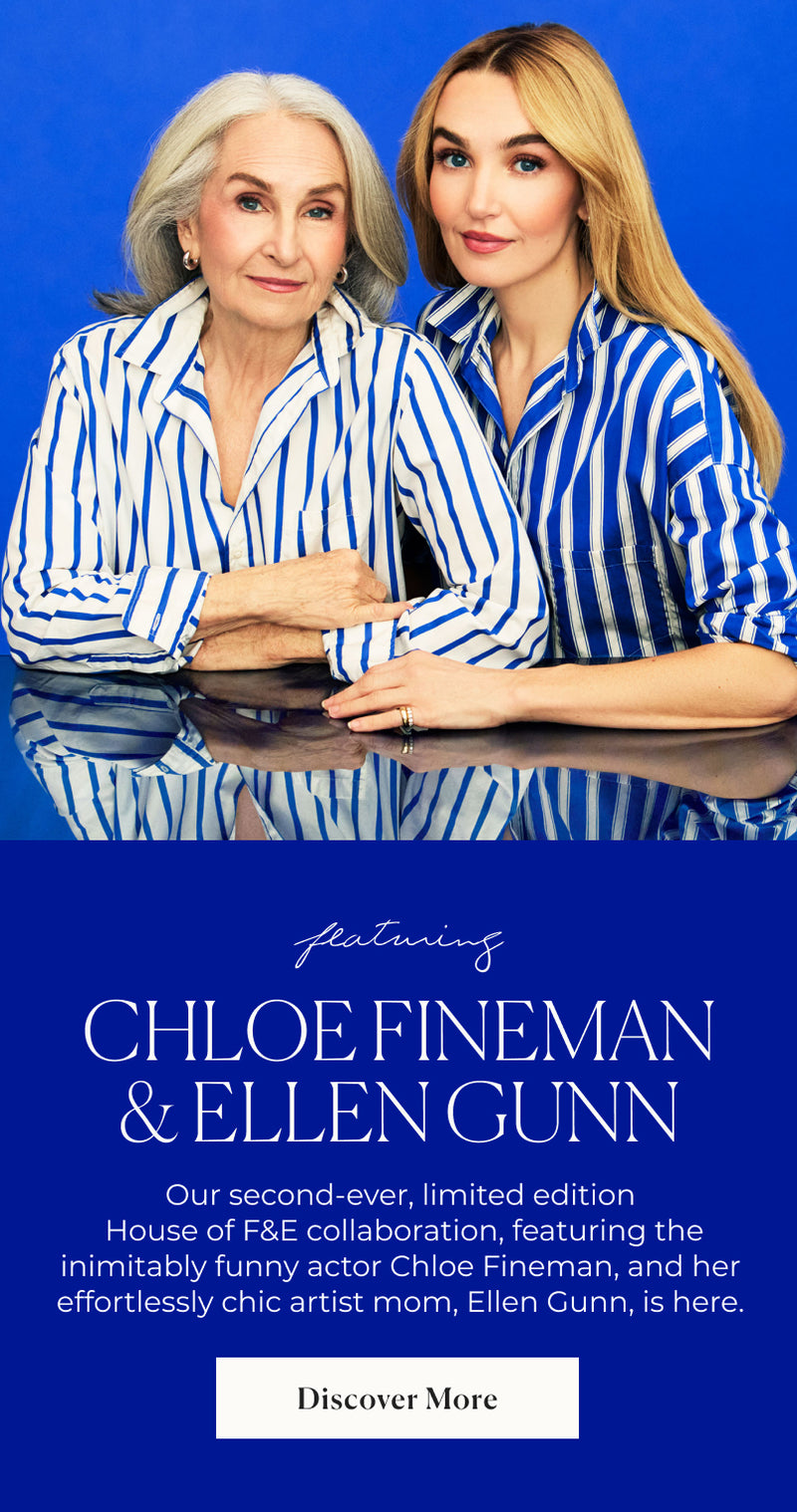 Two women in matching blue and white striped outfits against a blue background with promotional text.