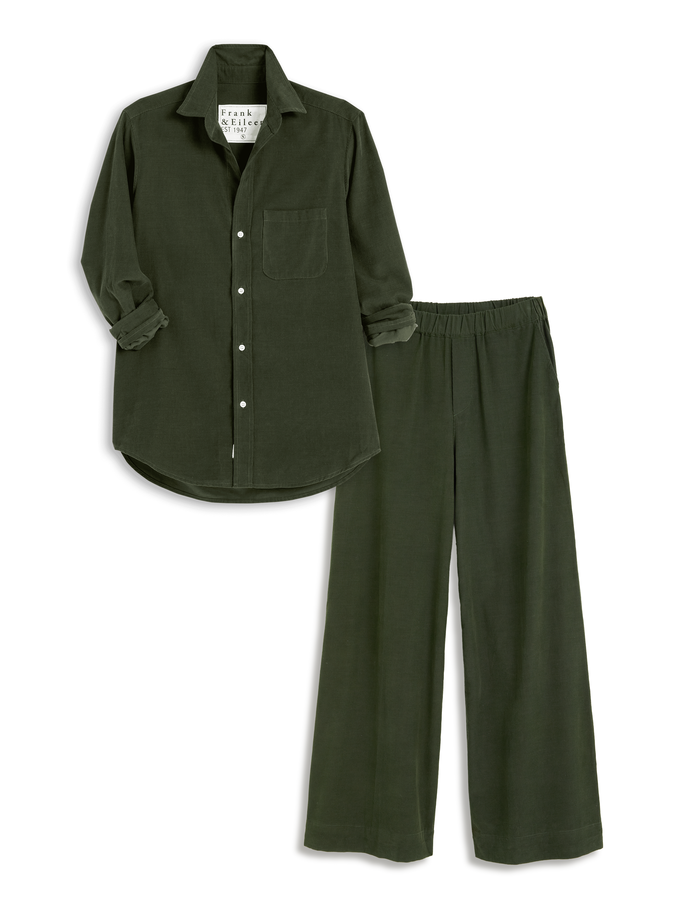 Green shirt and pants set on a white background