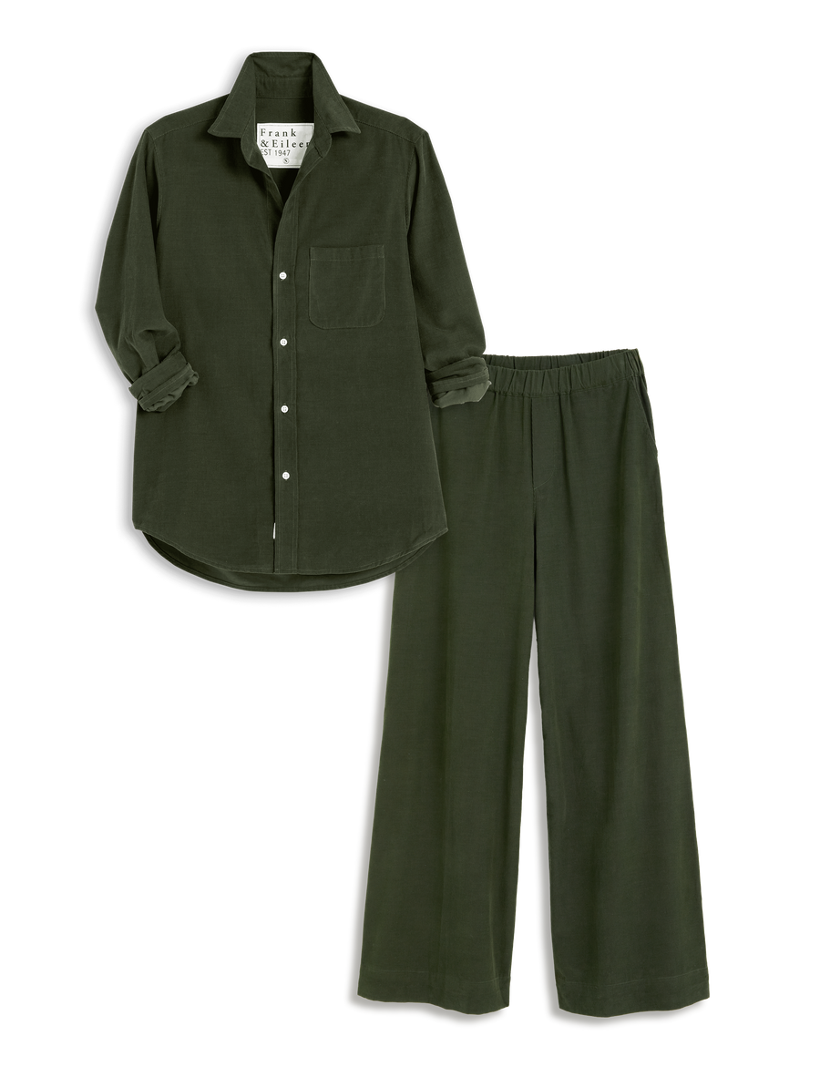 Green shirt and pants set on a white background